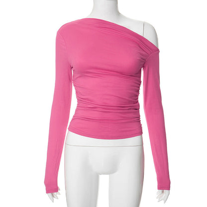 New INS Solid Color Asymmetrical Shoulder Long Sleeve Ruched Crop Top T-Shirt