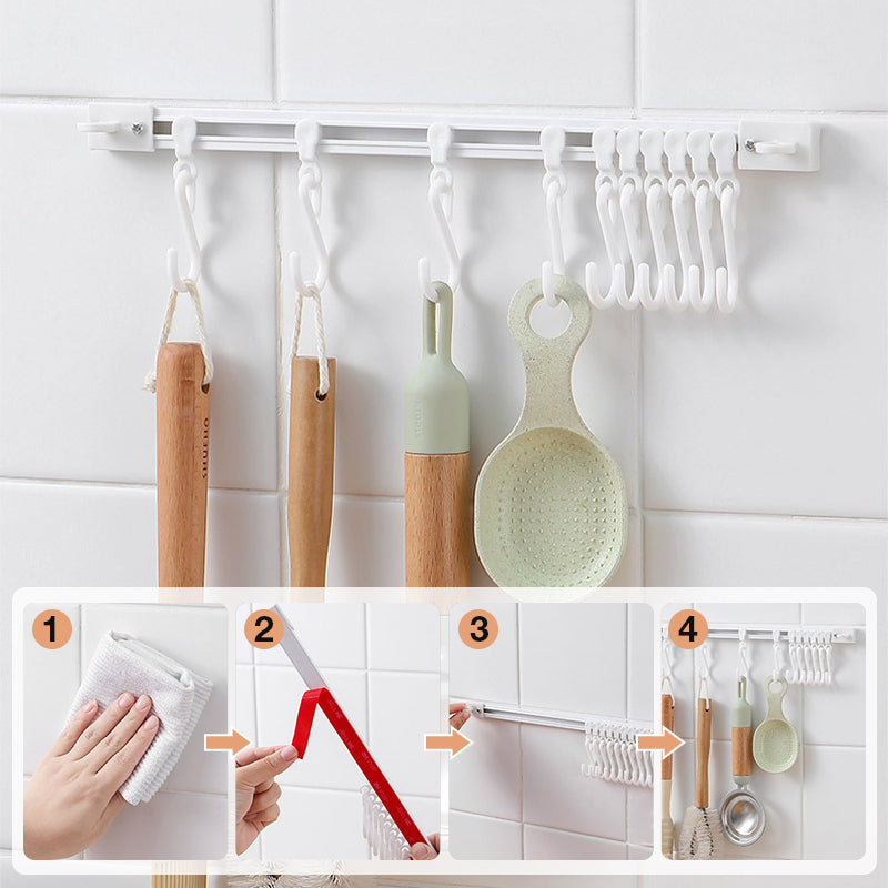 🔥 That Dead Space Behind Your Cabinet Door? No-Drill Slidable Track Hooks – 40cm Track + 10 Sliding Hooks, Peel-Stick in 10 Sec, Holds 35 lbs 🍳